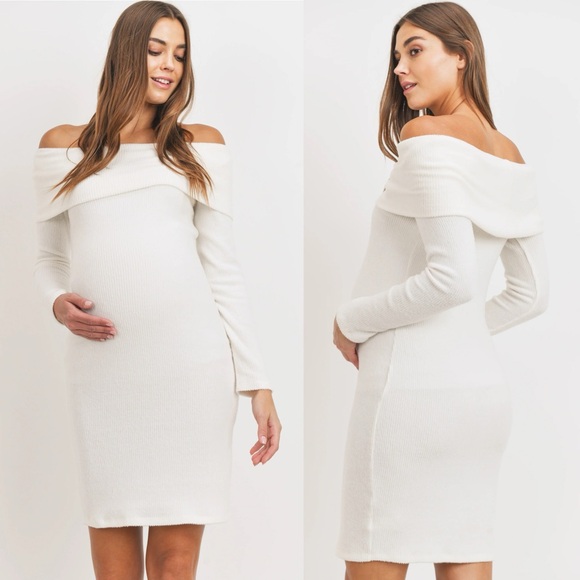 Pinkblush Off White Cream Ribbed Off-Shoulder Long Sleeve Maternity Mini Dress - Picture 2 of 10
